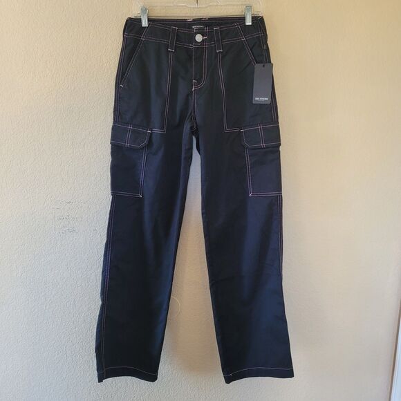 True Religion Black Pink Straight Cargo Pant Women 26 Baggy Utility Military Nwt - Picture 1 of 10